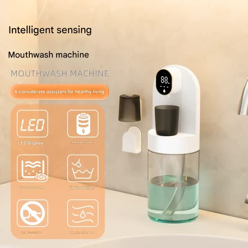 Smart Automatic Mouthwash Dispenser - 4 Adjustable Levels, LED Display, 2000mAh Battery & Magnetic Cups(white)